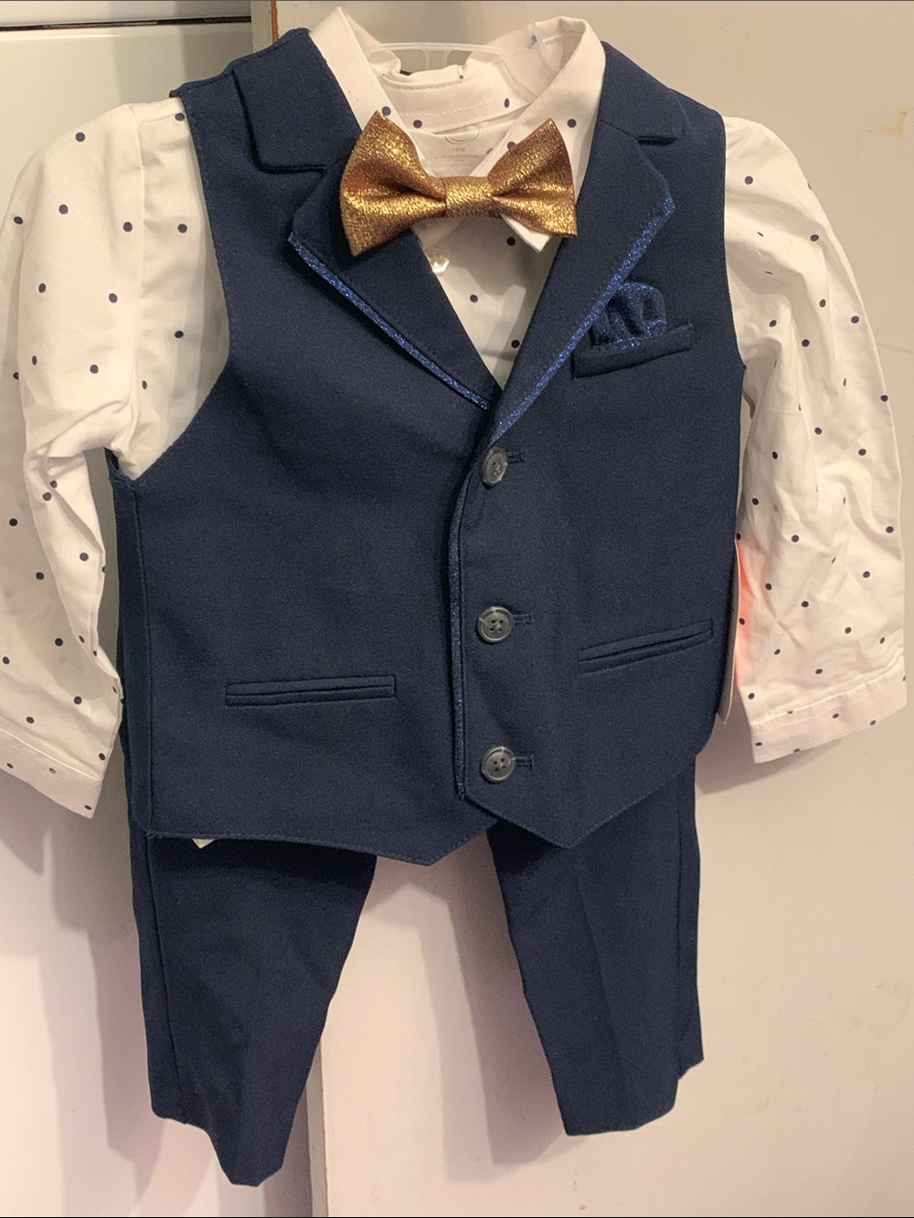 NWT Navy Toddler Formal Vest & Pants Set with Gold Bow Tie